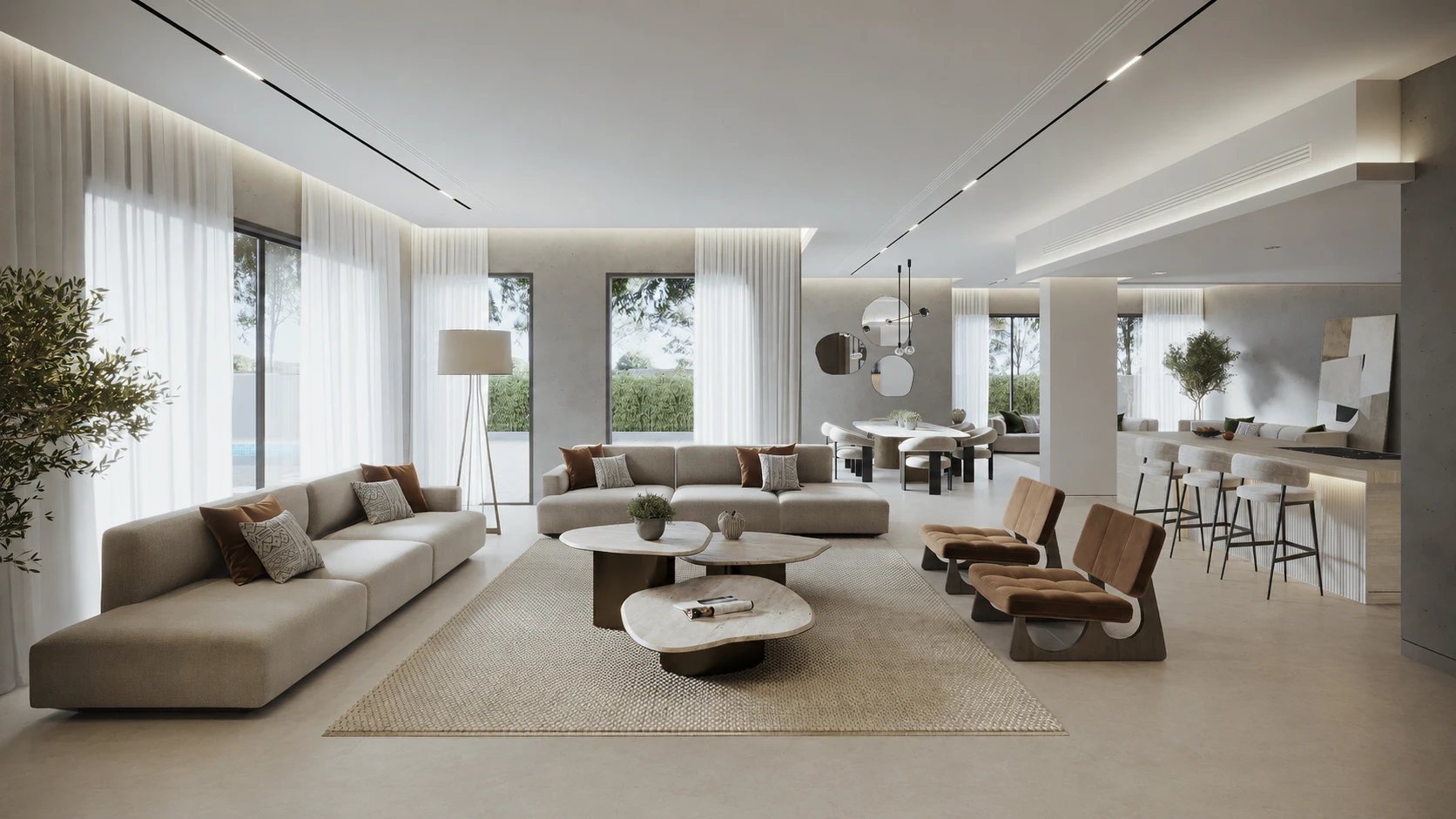Open-plan living room interior with curved coffee tables and sheer light