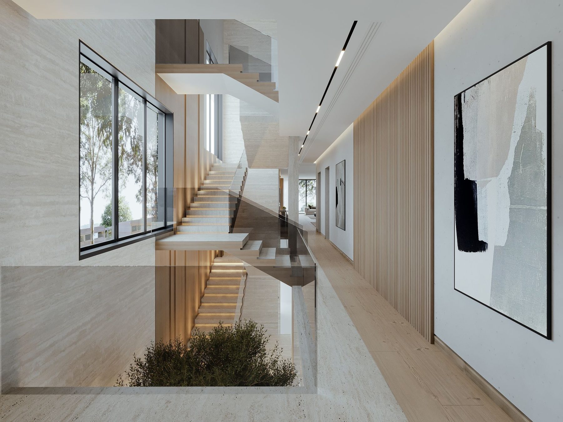 Travertine atrium with sculptural stair